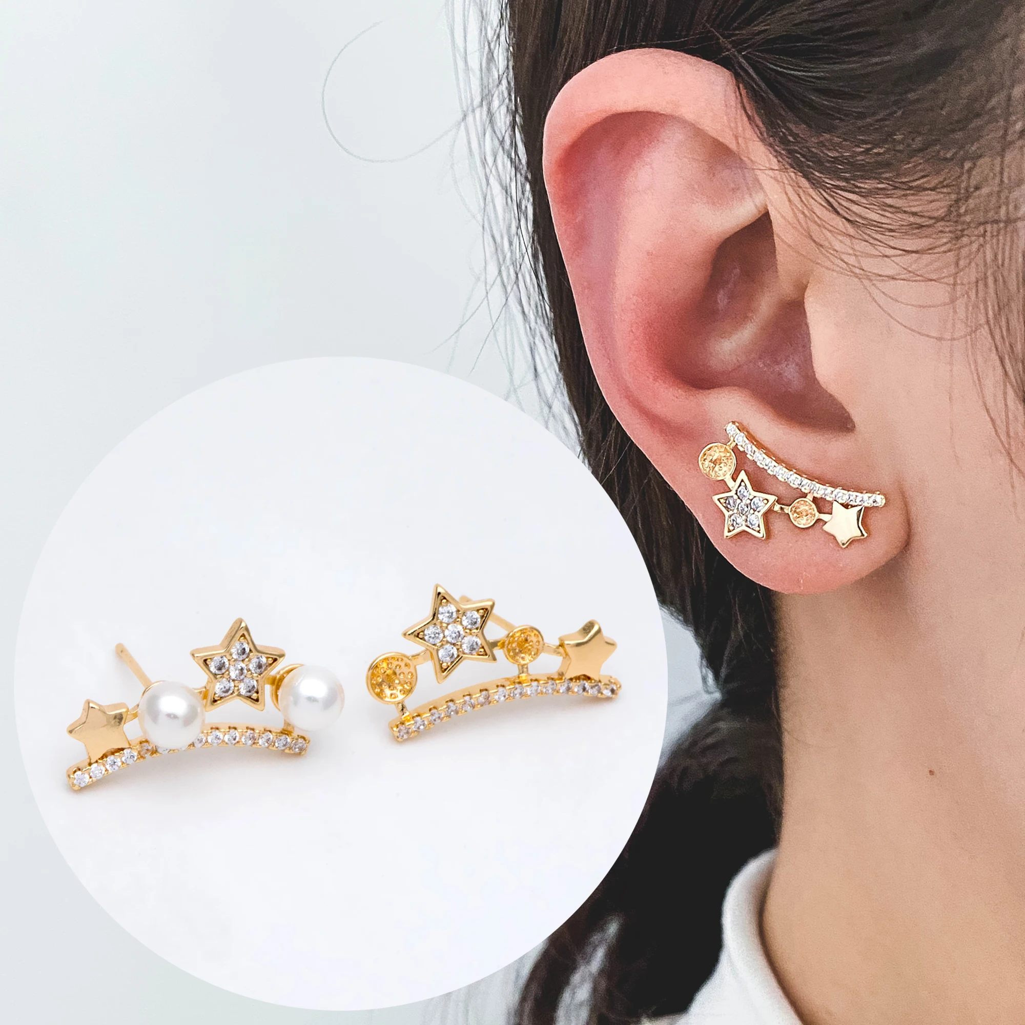 

4pcs CZ Paved Star Ear Posts, Gold Plated Bar Earring, Half Drilled Pearl Mounts, Pearl Earring Settings (#GB-2944)