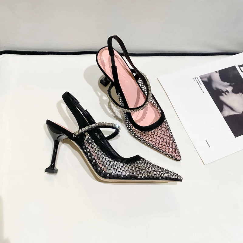 High Heeled Shoes Women's Mesh Hollow Diamond Pointed Transparent Sandals Women's Black Thin Heel