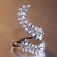 new style elegant leaf open at both ends adjustable ring girl cocktail party ring shiny crystal zircon fashion ladies jewelry