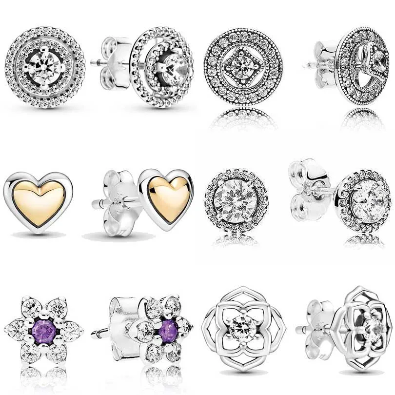 

925 Sterling Silver Earring Sparkling Double Halo Forget Me Not Domed Golden Heart Stud Earrings For Women DIY Jewelry