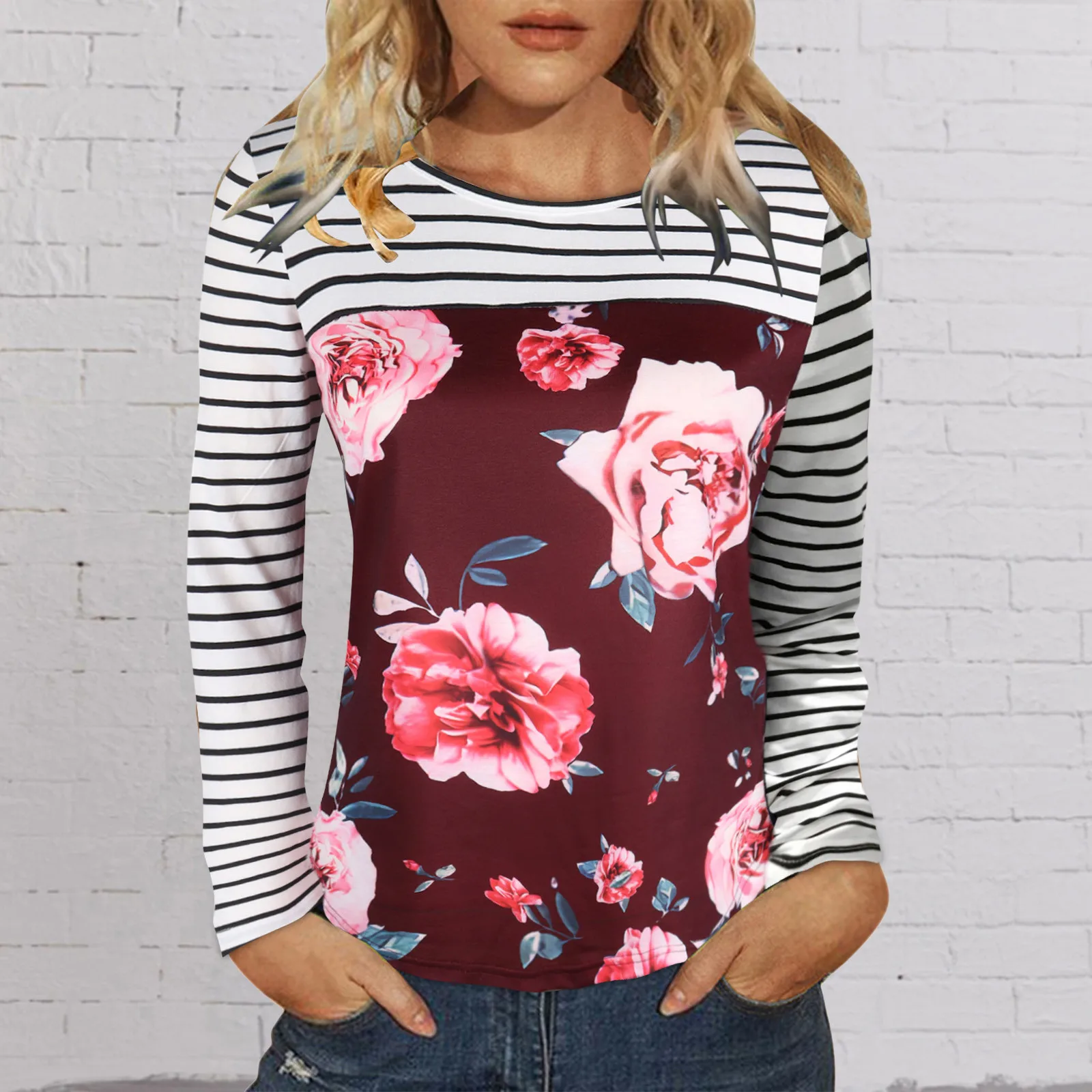 

Womens Fashion Top Casual Loose Round Neck Printed Long Sleeve T Shirt h Girl Ladies Three Quarter Sleeve Tees