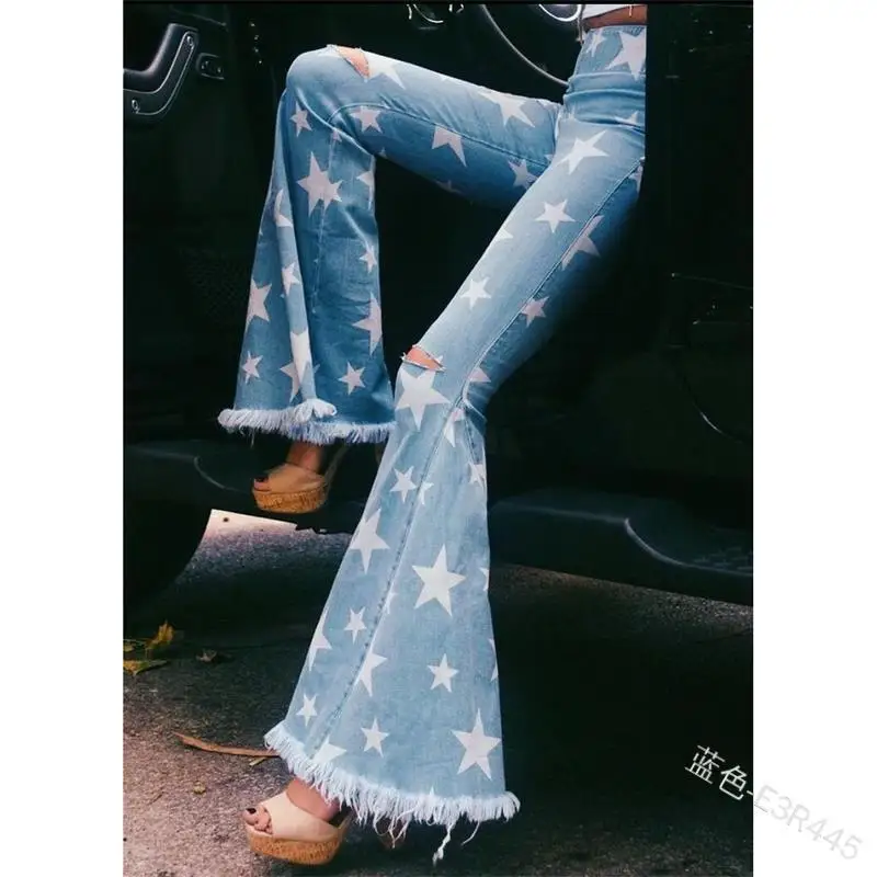 2023 Summer Large High Waist Jeans Trousers Wepbel Women's Star Printed Ripped Jeans Tassled Edge Bell-bottom Denim Pants