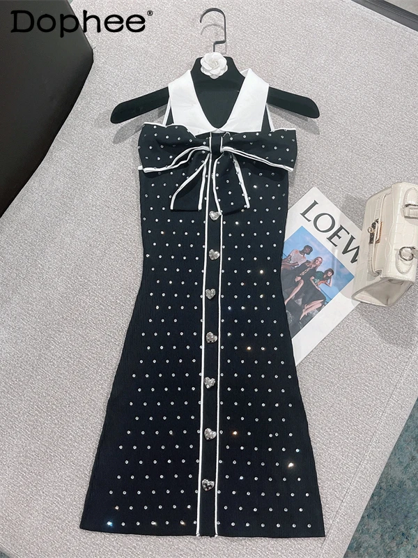 

2022 Summer New Chic Black Dress for Women Contrast Color Hot Rhinestone Sexy Sleeveless Dresses Slimming Ladies Vestidos