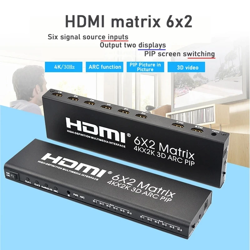 Матрица HDMI 6X2 4K @ 30 Гц преобразователь True Martrix поддержка pip-сплиттера 6 в 2 выхода 3D ARC