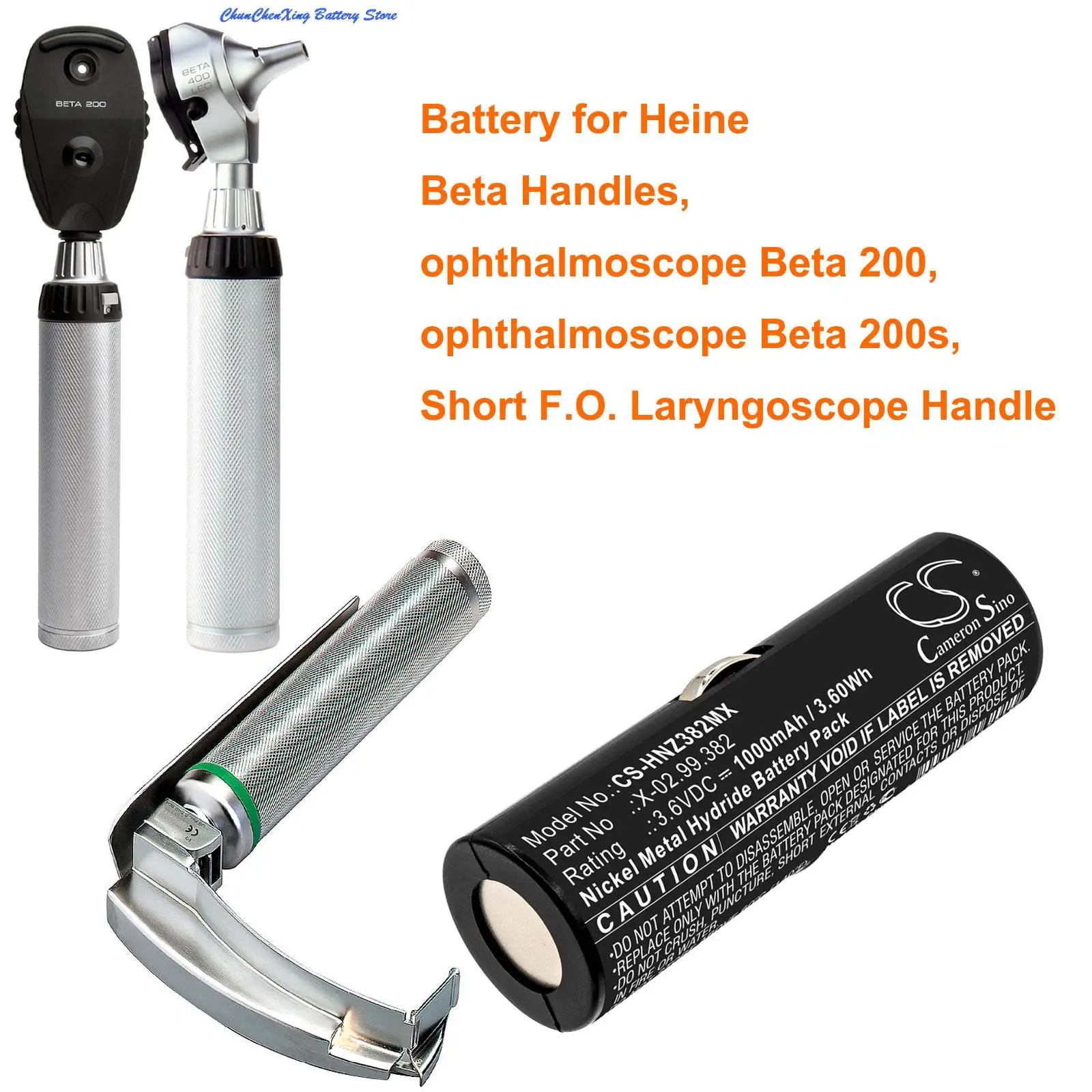 Cameron Sino 1000mAh Battery for Heine Beta Handles, ophthalmoscope Beta 200, Beta 200s, Short F.O. Laryngoscope Handle