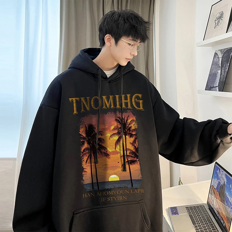 

Hybskr Graphic Printing Hoodies Loose Oversized Man Tops Korean Fashion Casual Hoody Harajuku Hip Hop Street Men Pullovers Coat