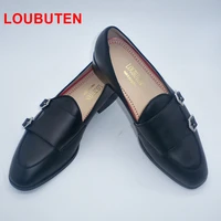 loubuten luxurious mens double monk strap loafers black real leather casual dress shoes slip on wedding men shoes