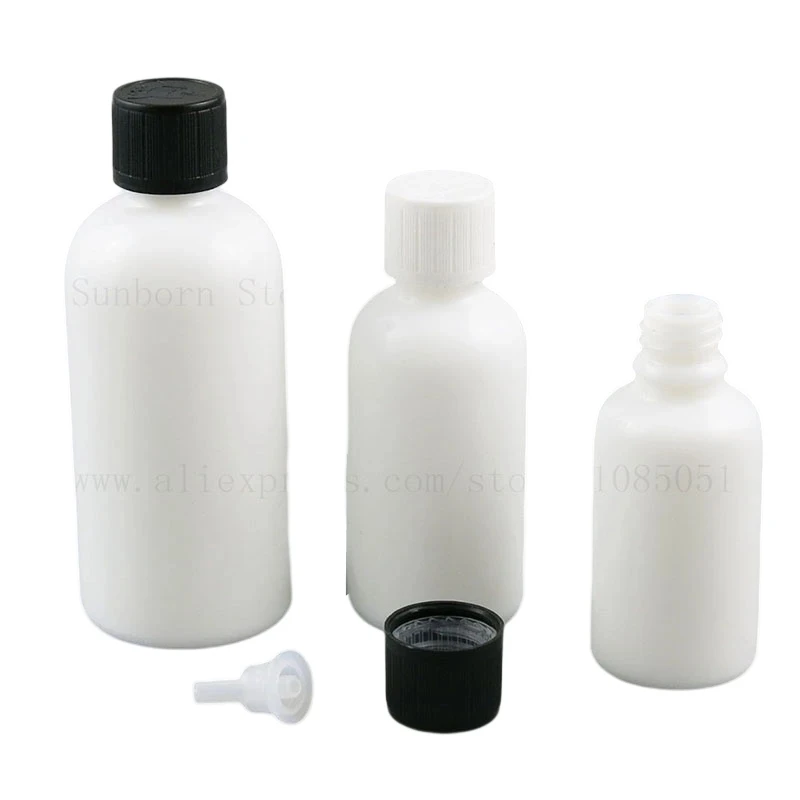 

500pcs/lot Empty White Glass Refillable Bottles Essential Oil e liquid Container 15ml 30ml 1oz 50ml 100ml with Black White Cap