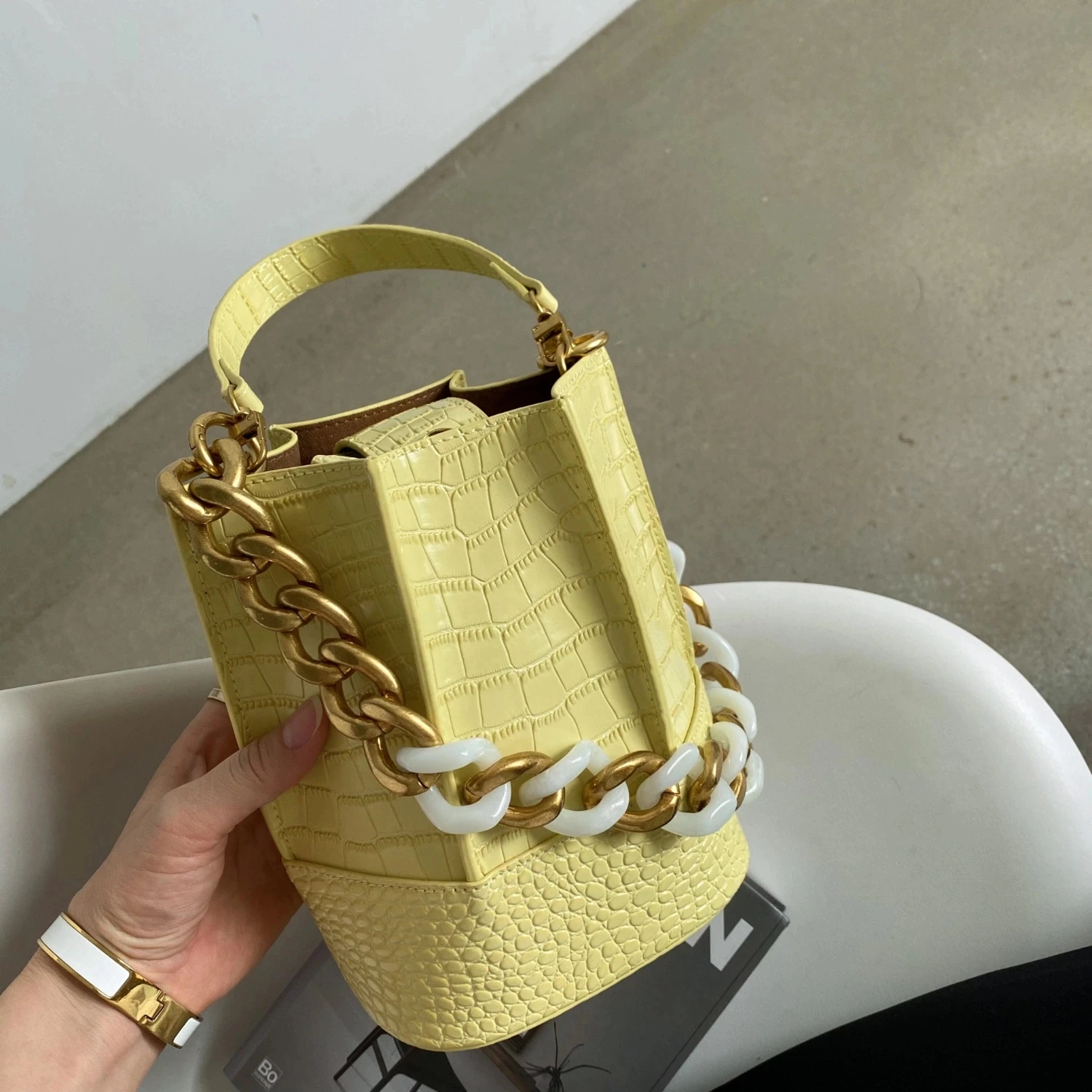 

lady real leather Bucket bag Crocodile pattern small dating bags cow leather Chain mini totes bags