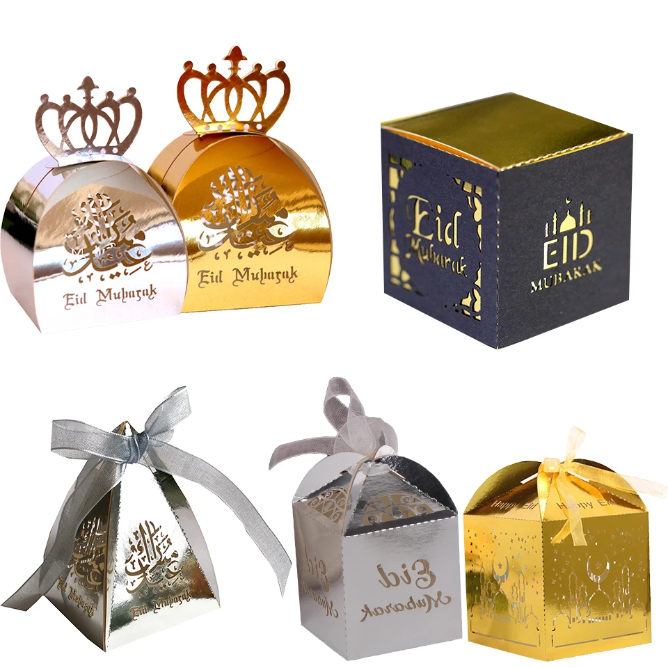 

5Pcs EID Mubarak Candy Boxes Gold Black Candy Box for Muslim Ramadan Kareem Event Wedding Party Decorations Small Gift Bags