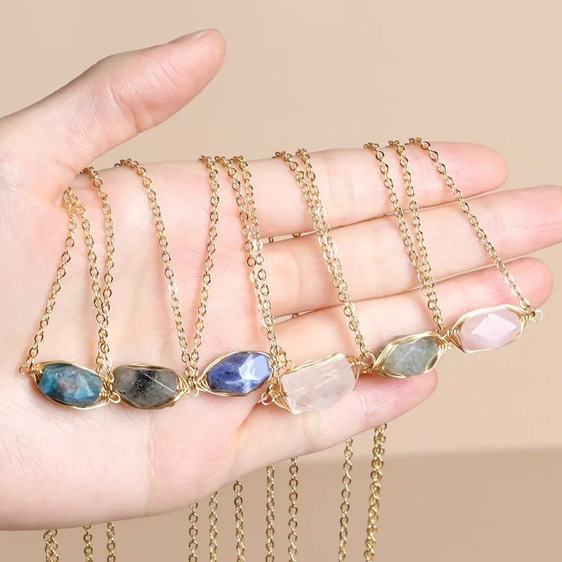 

JD Natural Stone Faceted Rock Quartz Copper Wire Circle Pendant Necklace Women Reiki Healing Crystal Sodalite Chakra Jewelry