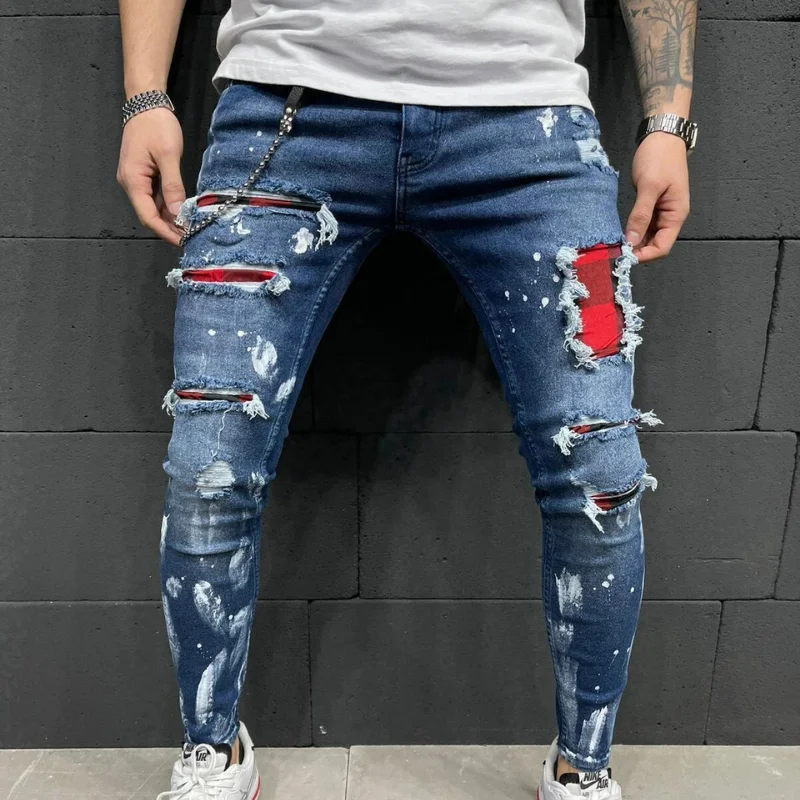 2022 Hot Sale New Fashion Super Elastic Personality Men's Skinny Ripped Paint Jeans Skinny Stretch Jeans Patch Design Trousers