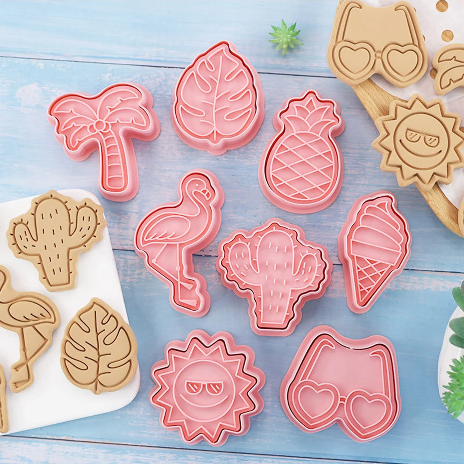 

8Pcs 3D Cookie Cutter Plastic Cookie Stamps Hawaiian Pastry Summer Birthday Luau Tropical Party DIY Baking Accessories And Tools