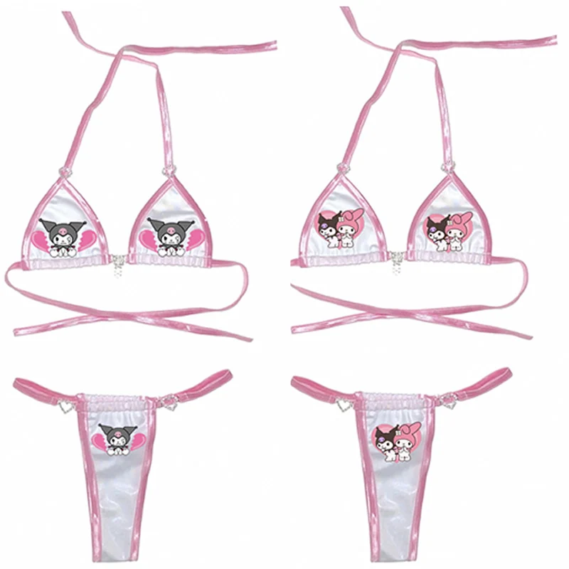 

Kuromi Bikini Kawaii Mymelody Underwear Set Sanrio Soft Bra Panties Halter Tie-Up Strappy Hot Girls Swimsuit Summer Sexy Clothes