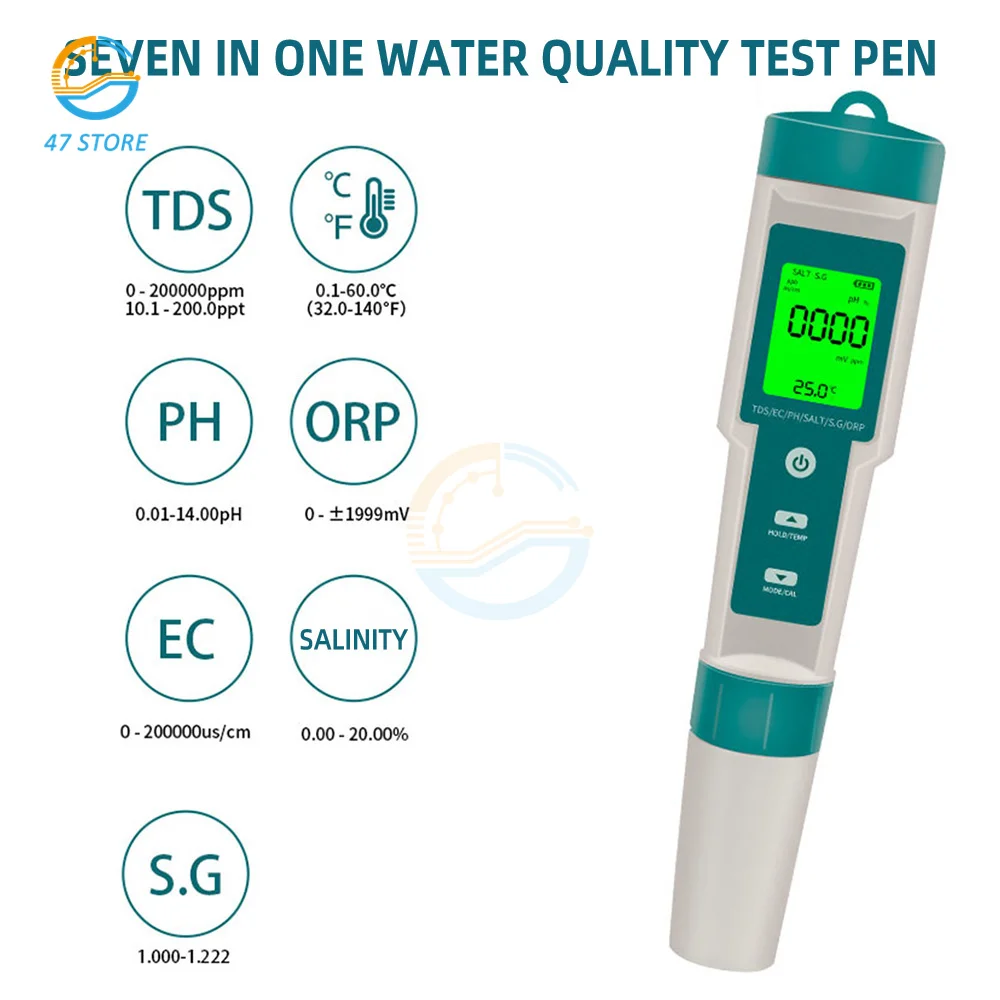 

New 7 in 1 PH/TDS/EC/SALT/TEMP/S.G/ORP/H2/Resistivity Water Quality Monitor Tester for Pools Drinking Water Aquariums PH Meter