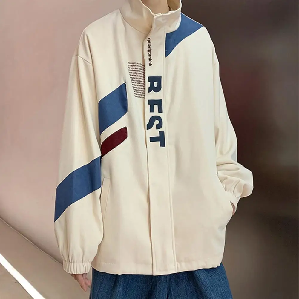 

Long Sleeve Trench Coat Men's Stand Collar Trench Coat Stylish Letter Print Colorful Patchwork Convenient Pockets for Spring