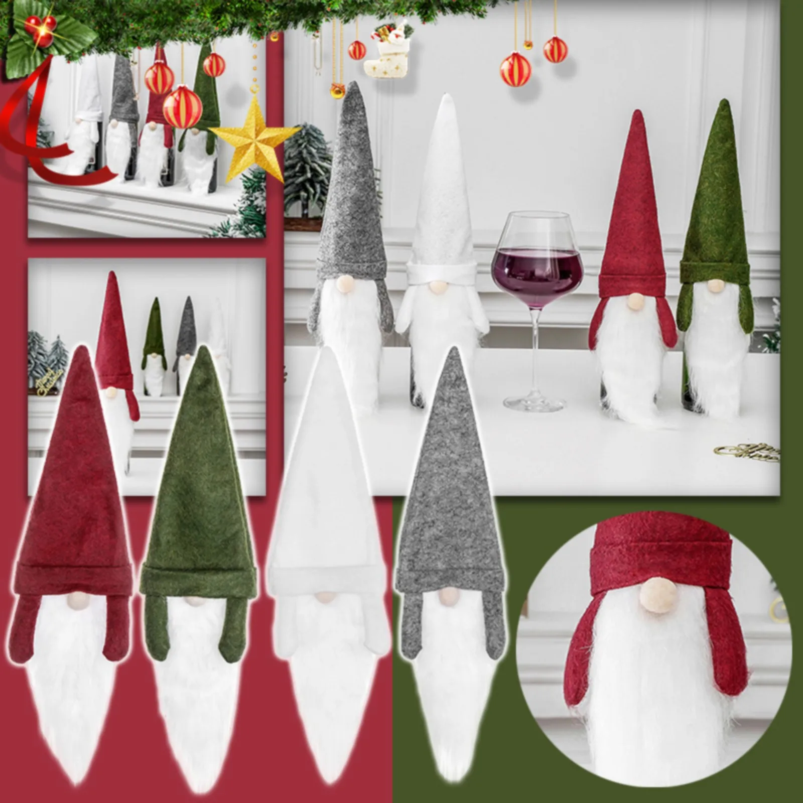 16.9*4.72 IN Christmas Gnomes Wine Bottle Cover Bottle Topper Hat For Christmas Table Red Green Personalized Champagne Flutes