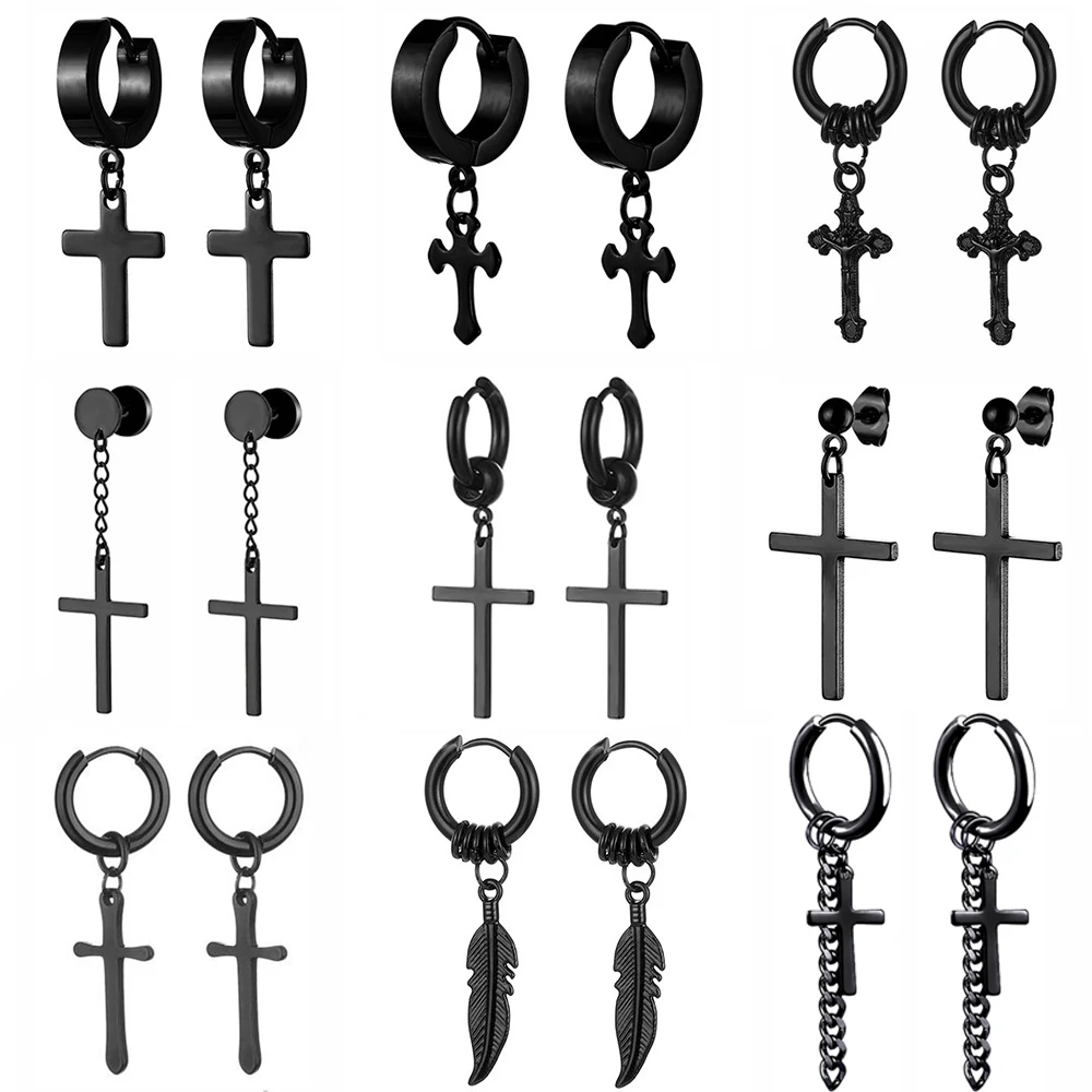 

1Pair Stainless Steel Punk Men Cross Earrings Simple Stud Drop Earrings for Women Black/Silver Color Gothic Cross Rock Ear Rings