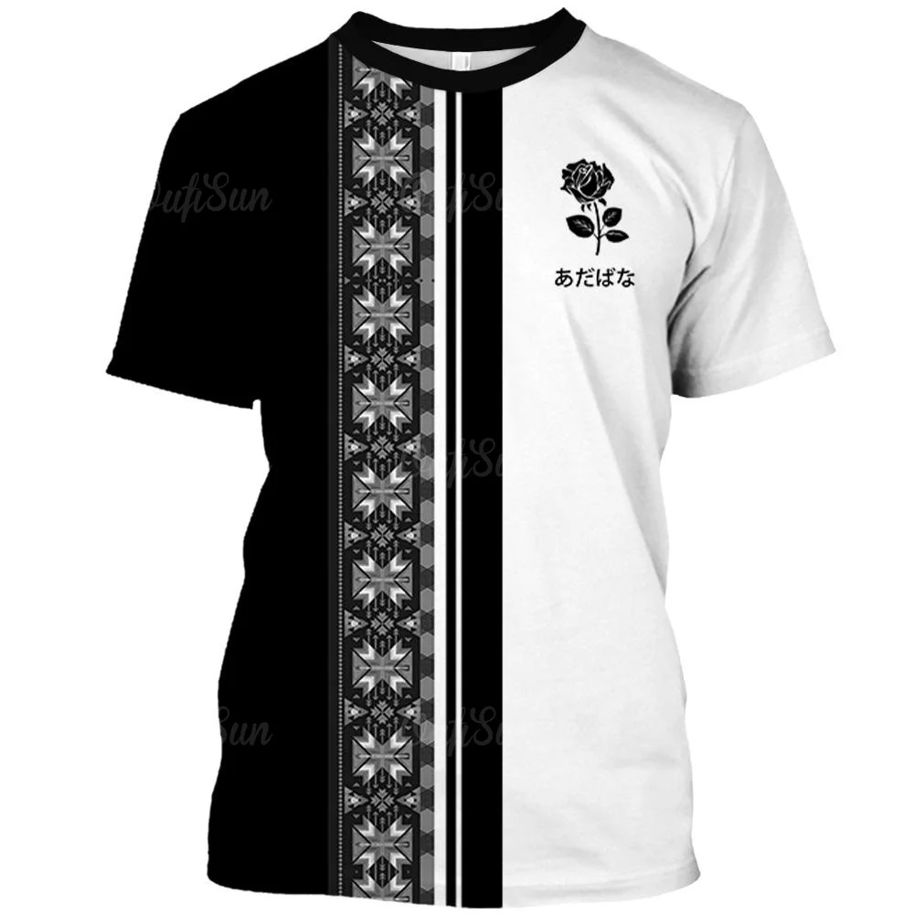 

Ethnic T-Shirts For Men 3d Rose Printed Japanese Characters Men'S Clothing Loose Oversized T Shirt Street Designer Short Sleeves