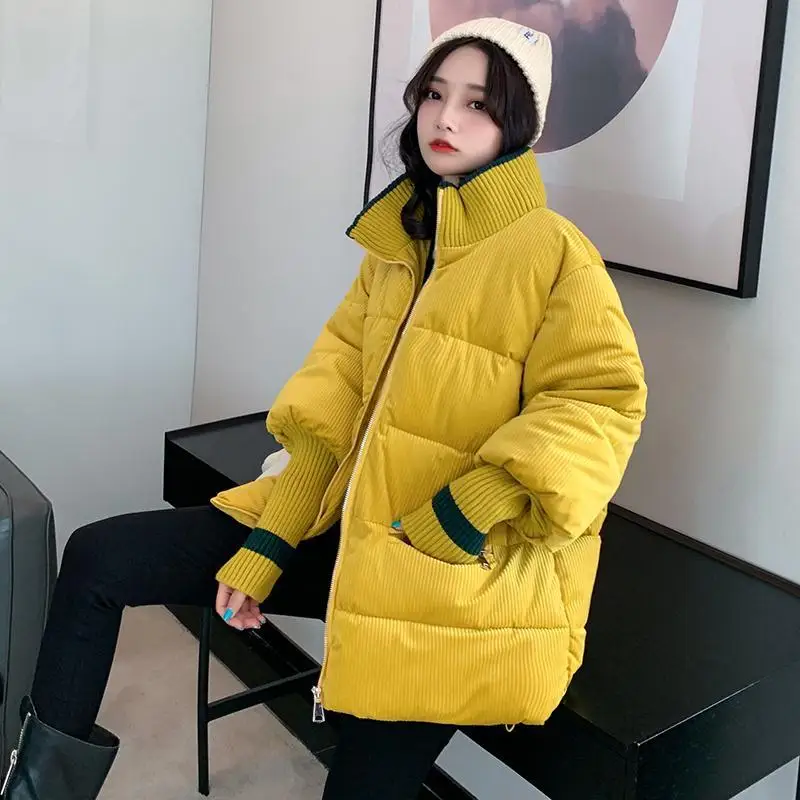 

2023 Winter Woman Jacket Corduroy Padded Coat Lady Parka Loose Student Bread Clothing Thick Outerwear