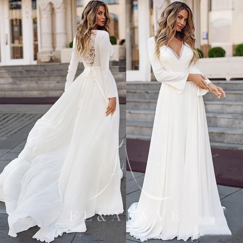 

White Chiffon Wedding Dress Luxury Evening Dress Woman for Wedding Dresses 2024 V Neck Long Sleeve Elegant Gown Bride Womens New