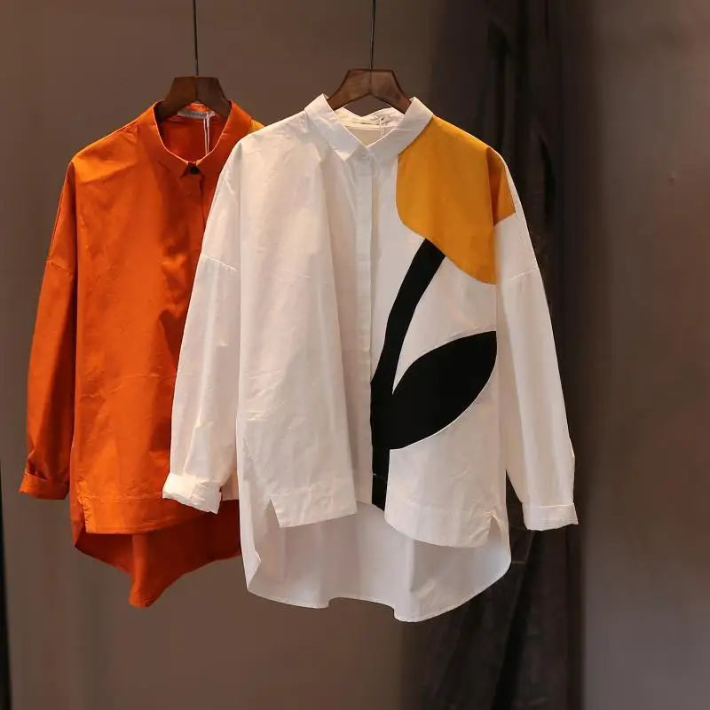 

Женская хлопковая рубашка с отложным воротником и длинным рукавом, с цветочным принтом