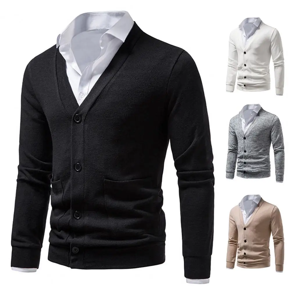 

2022 Men Sweater Coat Autumn Sweater Solid Color Single-breasted Buttons Breathable Soft V Neck Long Sleeve Slim Fit Knit