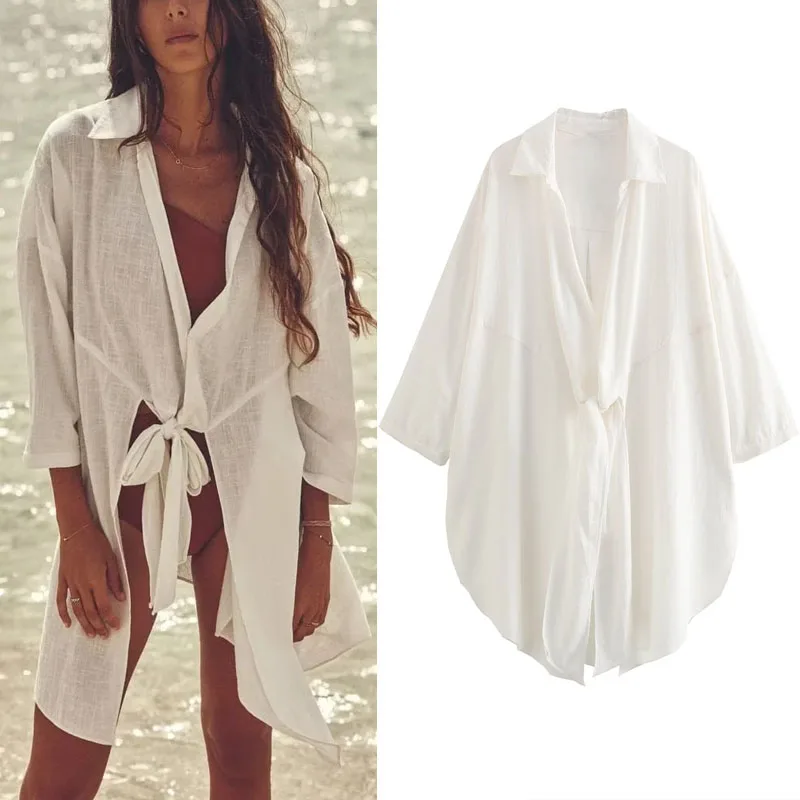 

TRAF White Long Shirt For Women 2023 Summer Fashion Front Bow Knot Loose Tops Female Chic Asymmetric Hem Lapel V-neck Blouses