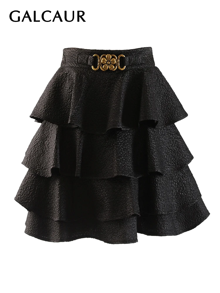 

GALCAUR Ruffles Skirt For Female High Waist Sashes Fold Pleated Patchwork Trim Plus Size A Line Mini Skirts Women 2022 Clothing