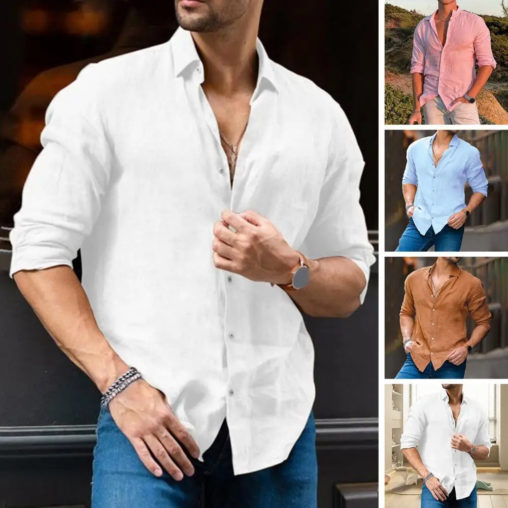 

Men Spring Fall Cotton Linen Shirt Lapel Button Solid Color Long Sleeve Single-breasted Mid Length Loose Top Blouse Male Clothes