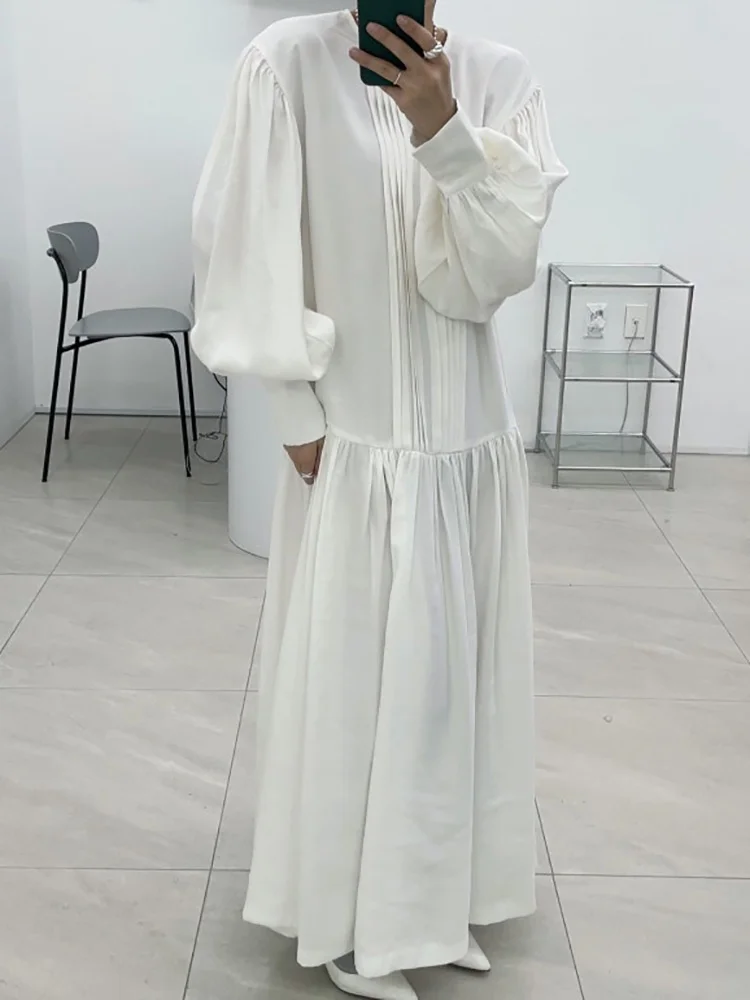 

Fashion Spliced Folds Dress Women's Spring 2022 New Round Neck Loose Long Sleeve Mid-calf Dresses Female White Robe B514