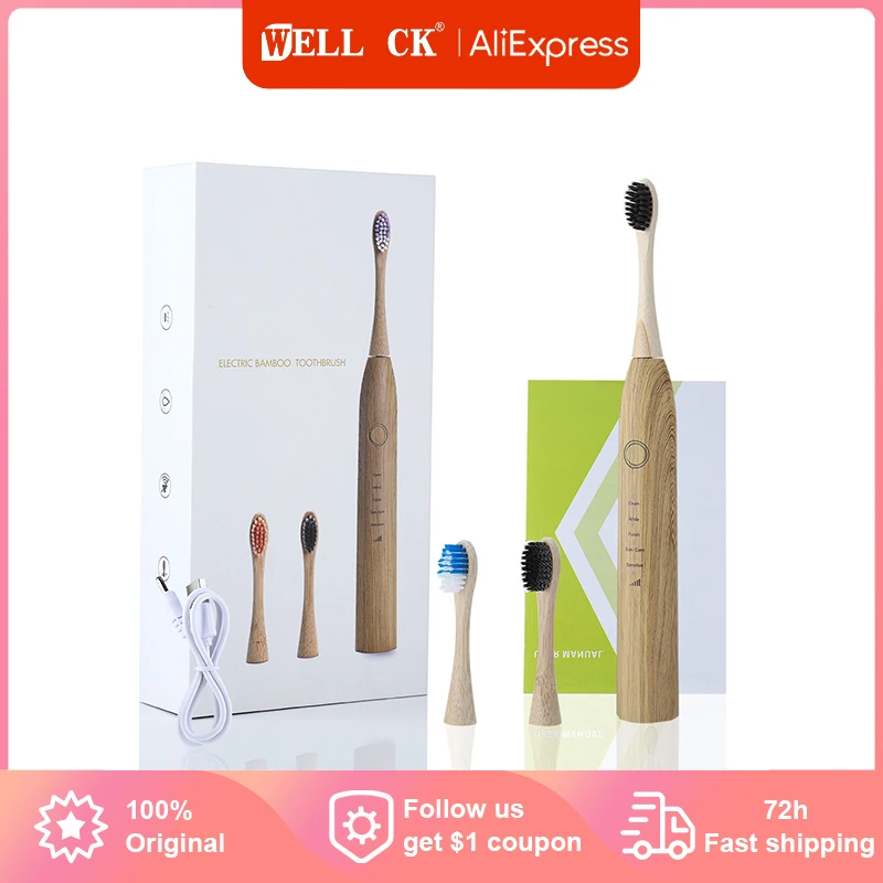 Enlarge Bamboo Wood Material Electric Toothbrush Natural Environmental Friendly Reuse Intelligent Chargeable Teeth Clean Brushes