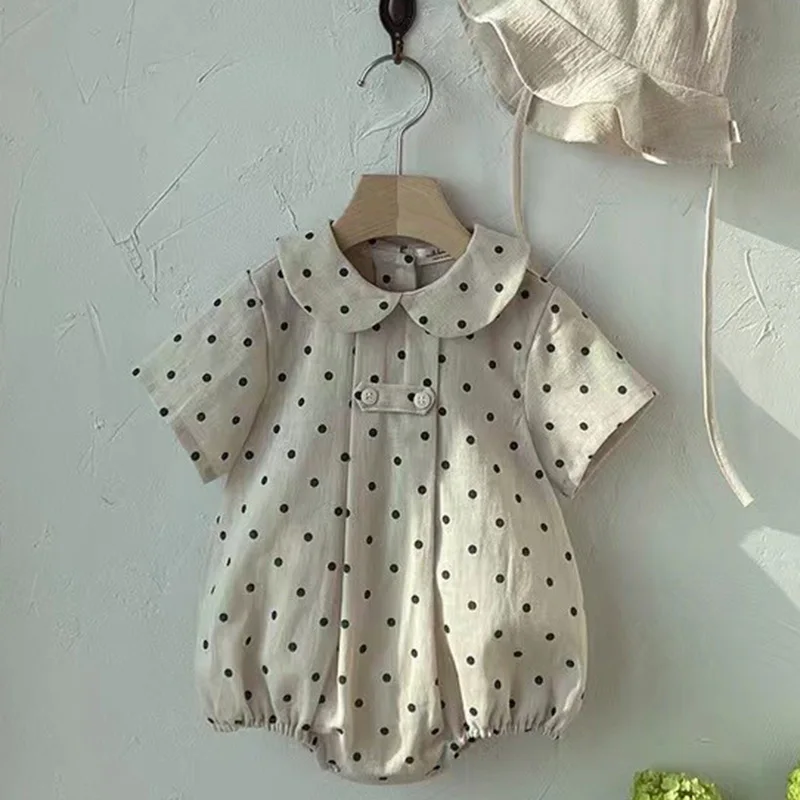 

Детский хлопковый комбинезон в горошек, с коротким рукавом