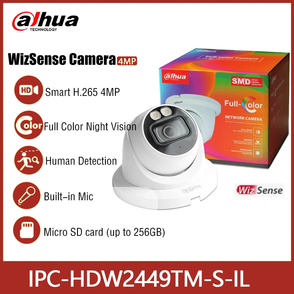 

Dahua IPC-HDW2449TM-S-IL 4 МП, умная двойная фотография, 30 м, фиксированное фокусное расстояние, полноцветная, IP67 PoE, сетевая камера WizSense, встроенный микрофон