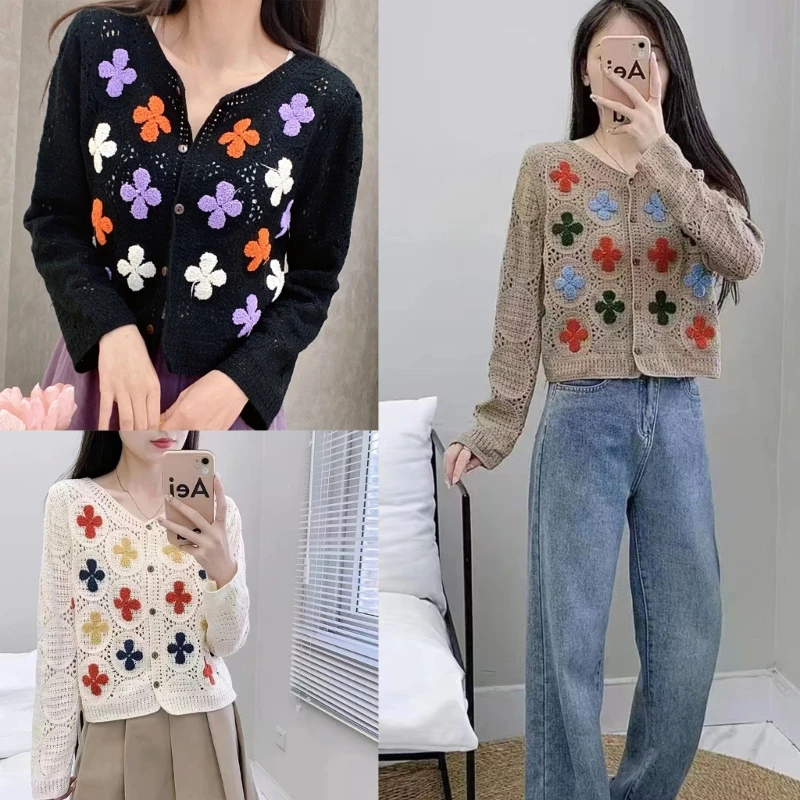 

Crochet Loose Outwear Coat Women Long Sleeve Embroidery Floral Cropped Cardigan P8DB