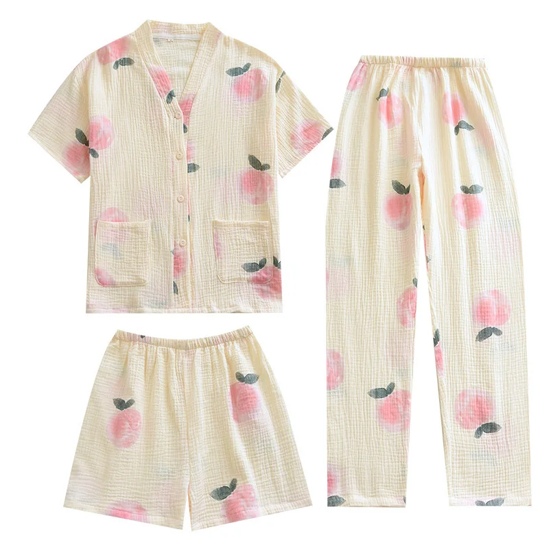 

New spring summer women's pajamas three-piece set short sleeves + shorts + trousers 100% cotton crepe peach print homewear set