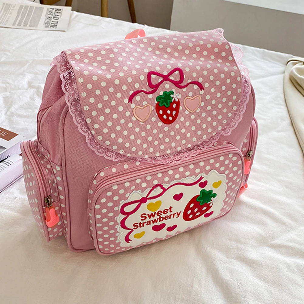 

Kawaii Outdoor Daypack Cute Strawberry Embroidery Student Mochila Dots Multi-Pocket Nylon Fashion College for Teen Girls