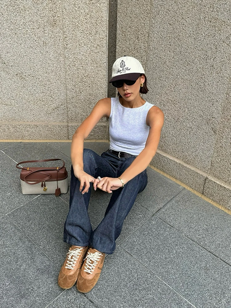 VanessaLab Summer Light Flower Grey Old Money Sleeveless Slim Fit Elastic Tank Top T-Shirt For sport t shirt women