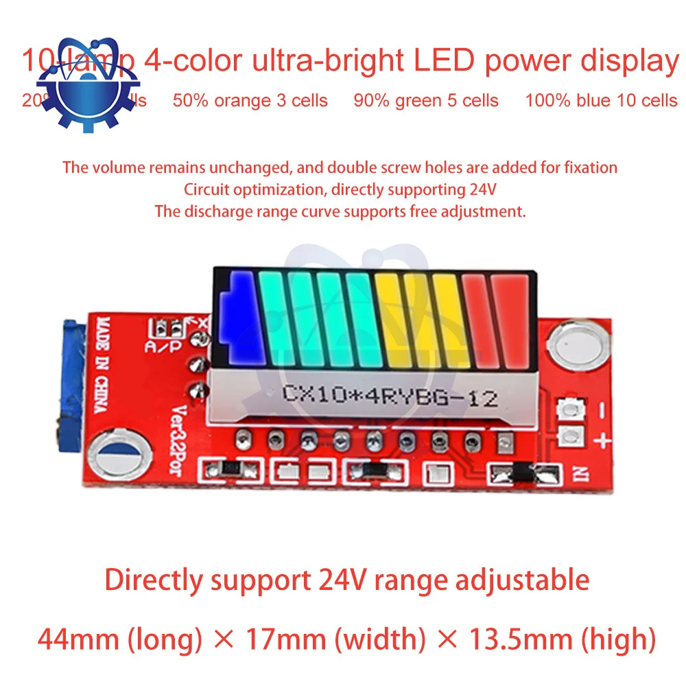 

DC2.5~24V 4-Color Battery Capacity Indicator Module Lithium Battery Capacity Tester Module 10 color Sections LED Display DIY Kit