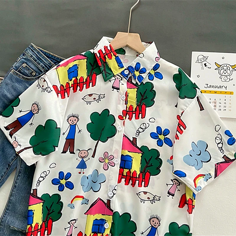 

Harajuku Vintage Japan Comics Graffiti Button Up Shirt Men Women Childlike Cool Streetwear Goth Tops Loose Casual Summer Beach