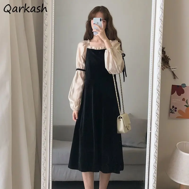 

Women Dress French Style Retro Patchwork Square Collar Tender Knee Length Sweet Velour Bow Edible Tree Fungus Long Puff Sleeve