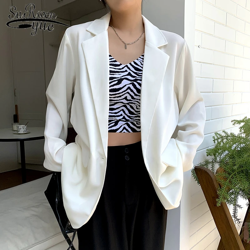 

2022 autumn and spring new loose white solid color lapel long sleeve suit jacket women's temperament casual and sweet suit 22776