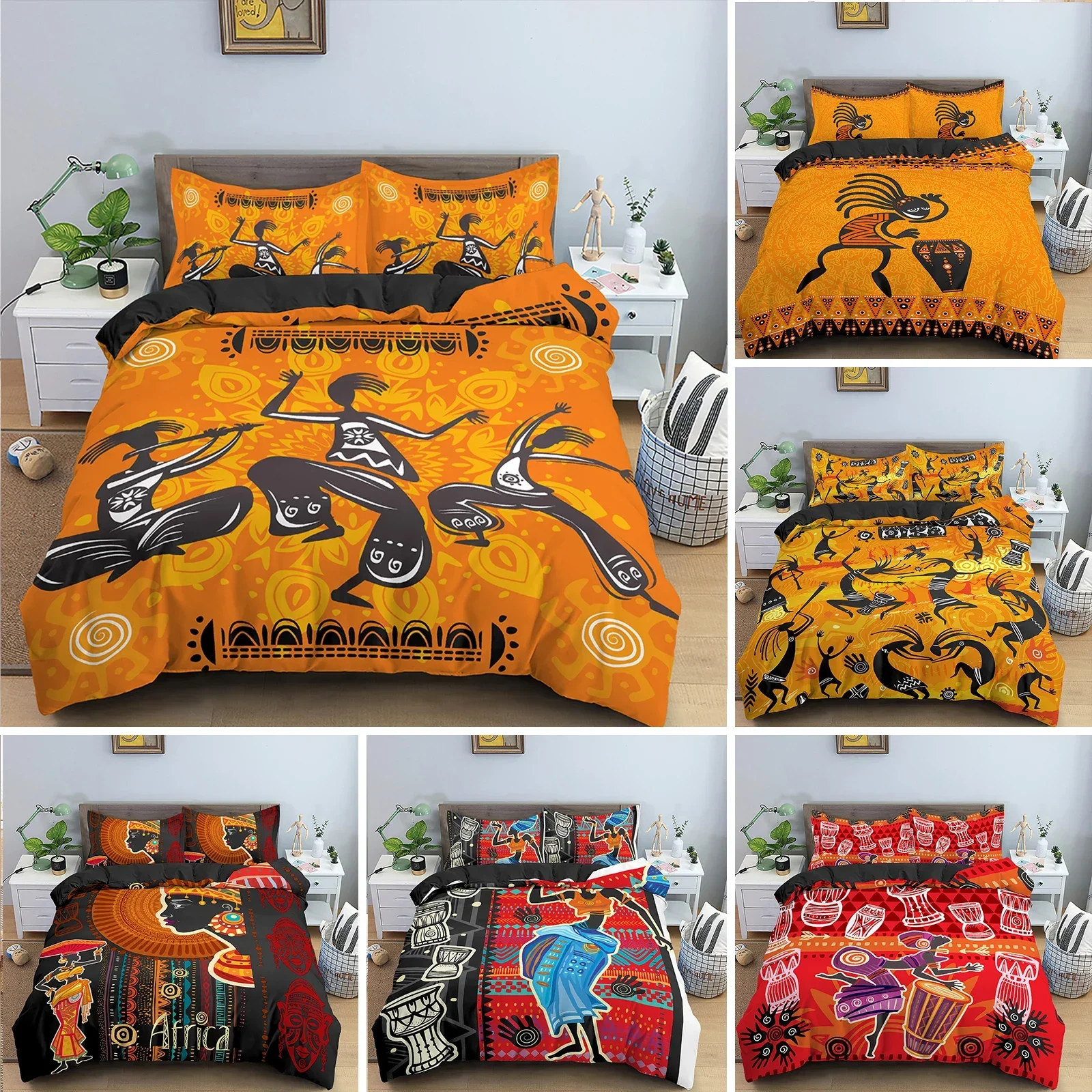 African Ethnic Bedding Set Orange Bohemian Style Duvet Cover King Queen Vintage Woman Polyester Comforter for Teens Adults