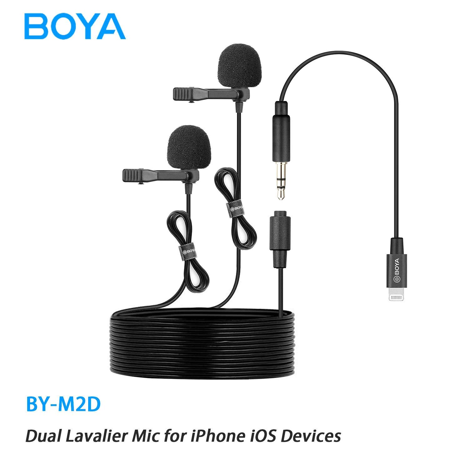 BOYA BY-M2D Dual Lavalier Microphone Portable 6m Mini Lapel Mic for iPhone Smartphones iPad Live Streaming Vlog Live Broadcast