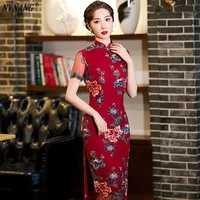nvnang chinese cheongsam spring and autumn style wine red slim collar fashion embroidered short sleeved dress