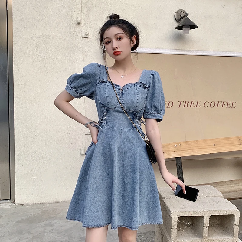 

Square Collar Fashion Women Denim Dress Lace Up High Waist Sexy Mini Dress 2022 New Summer Short Sleeve Jean Dresses M-4XL