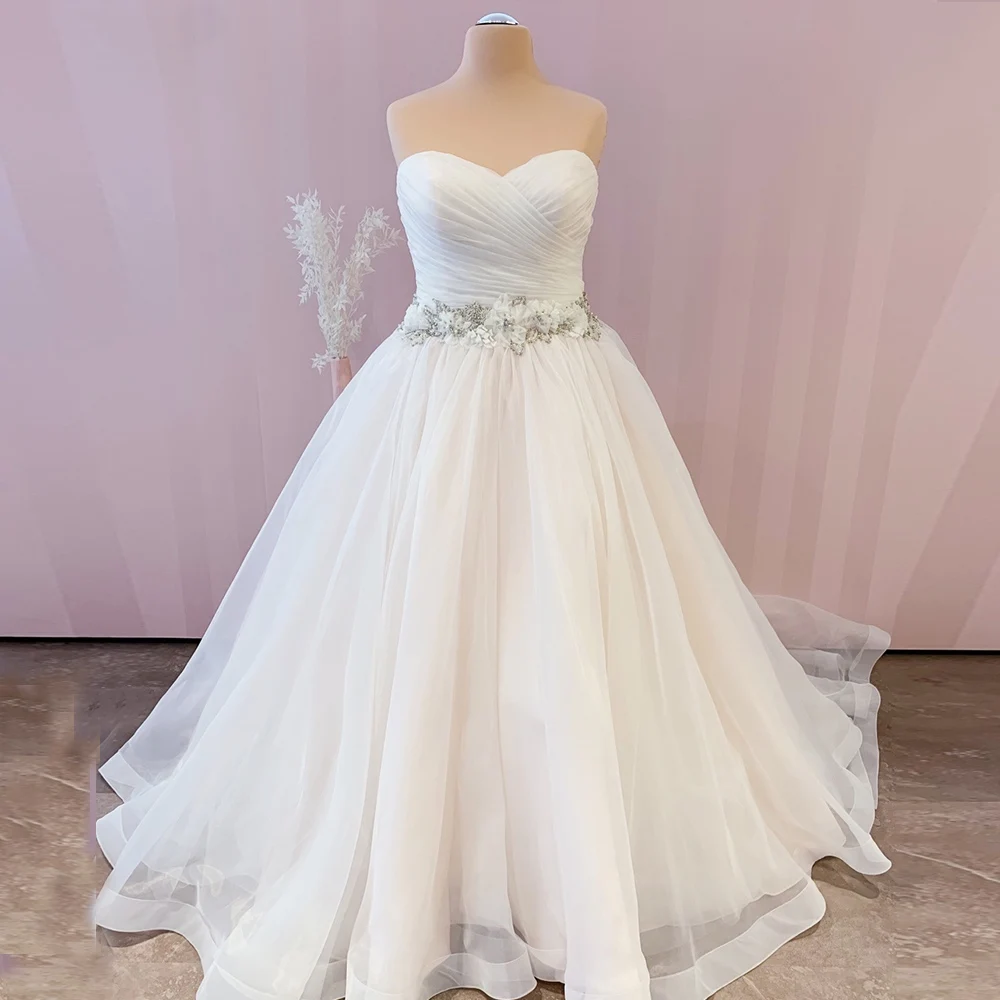 

Plus Size Wedding Dresses 2022 Sweetheart Strapless A-Line Elegant Bride Dress Pleat 3D Flower Beaded Long Sweep Train Sexy Pary