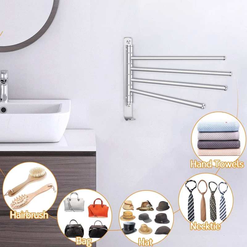 

4-Arms Swivel Towel Bars Rotatable Towel Rack Hanger WithWall Mounted Storage Rack With Hooks Bathroom Swing Shower Towel Shelf