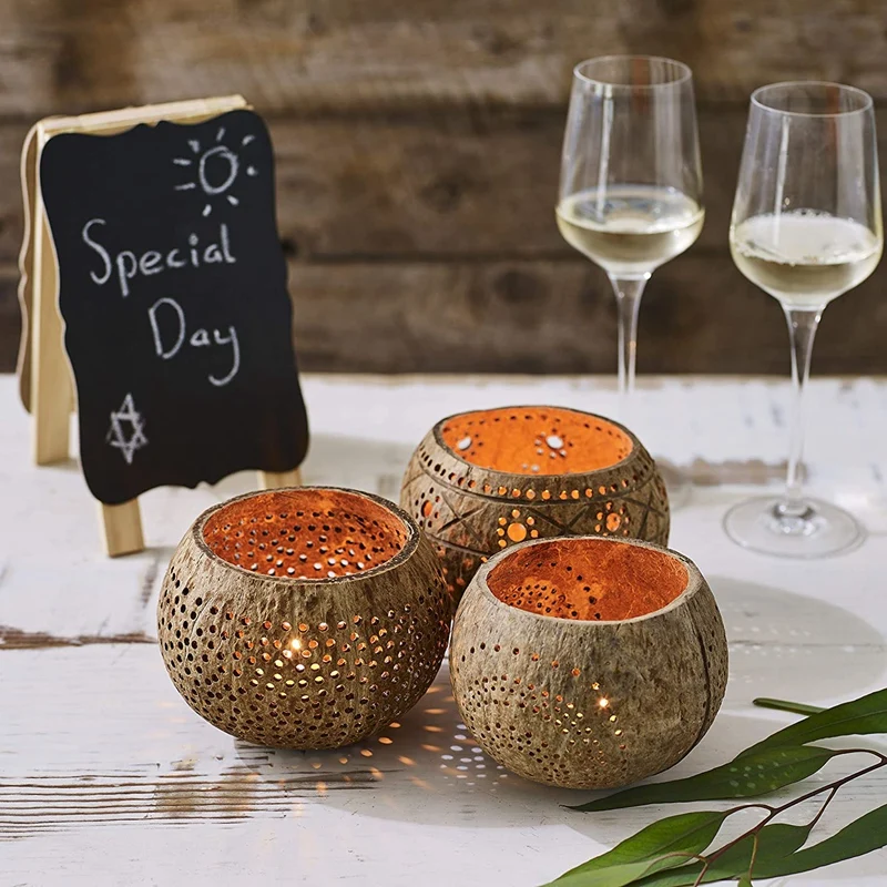 Coconut Shell Wood Candle Holders (Set Of 3) With Scented Tealight Candles - Boho Decor Votive
