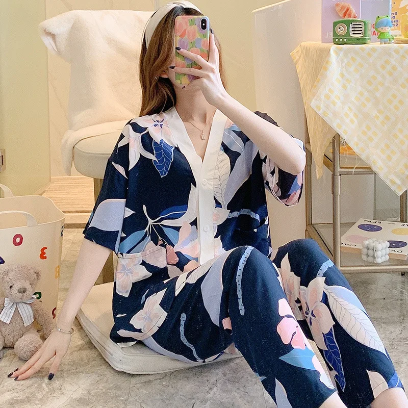 Floral Print Pajamas for Women V-Neck Half Sleeve Lounge Cotton Sleepwear Comfy Soft Long Button Down Pjs Set 2 Piece Sleep Set